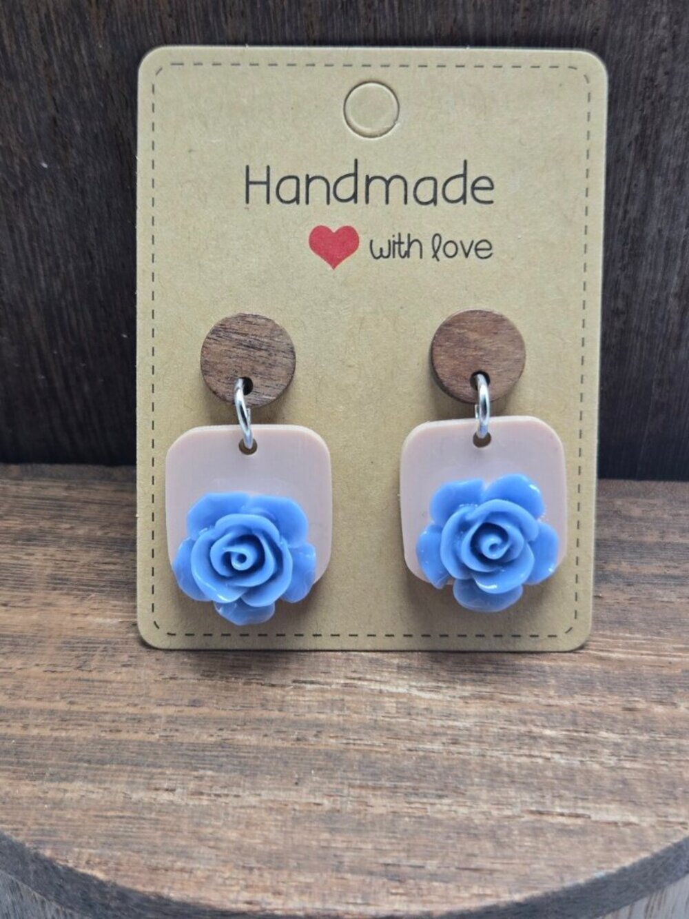NWT Blue Flower Earrings Pierced Wood Acrylic Floral Dangle Drop Light Weight